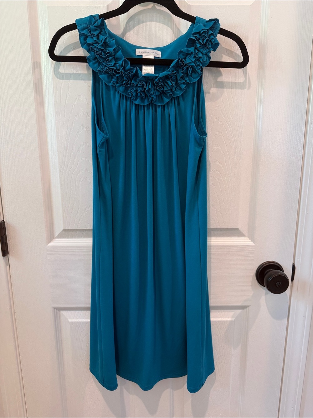 London Times Teal Ruffled-Neck Sleeveless Mini Dress